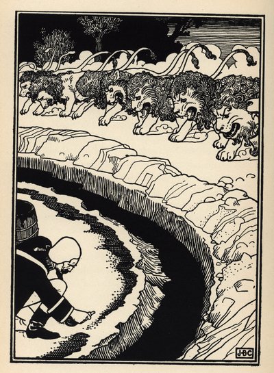 The baron defends himself from the attack of lions by setting fire to gunpowder. Illustration by William Strang and JB Clark from The Adventures of the Baron of Munchausen by Rudolf Erich Raspe by Unbekannt