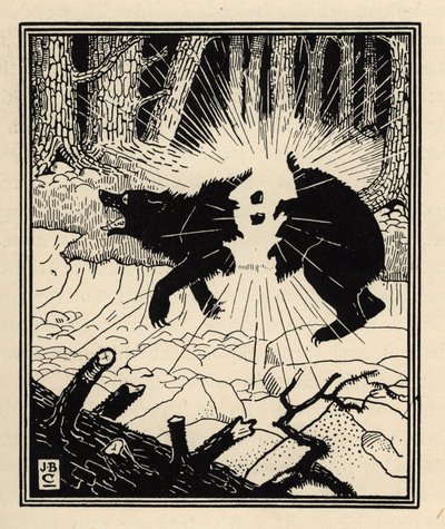 The baron explodes a black bear with two flints. Illustration by William Strang and JB Clark from The Adventures of the Baron of Munchausen by Rudolf Erich Raspe by Unbekannt