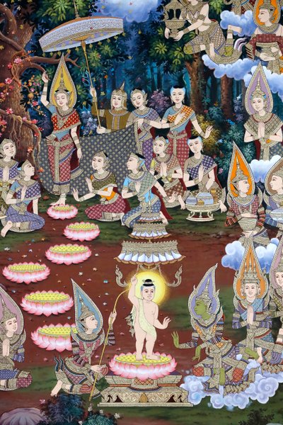 The Birth of Infant Siddhartha, Wall Fresco, Wat Maniratanaram Monastery, Phnom Penh, 2022 by Unbekannter Künstler