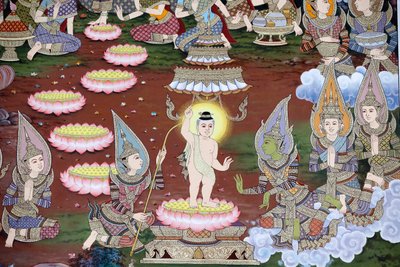 The birth of infant Siddhartha, Wall fresco, Wat Maniratanaram monastery, Phnom Penh, 2022 by Unbekannter Künstler