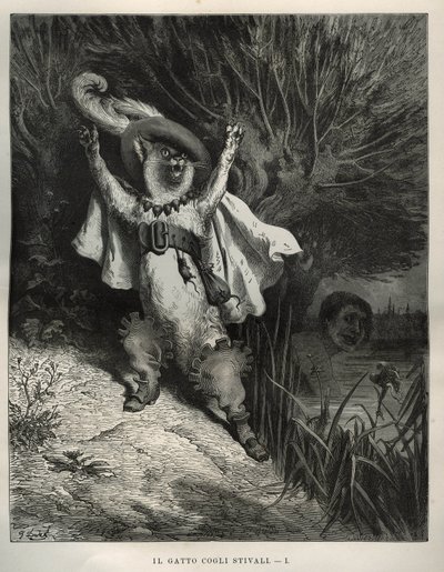 The boot cat calls for help. Engraving by Gustave Dore from 