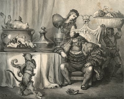 The boot cat meets the Ogre. Engraving by Gustave Dore from 