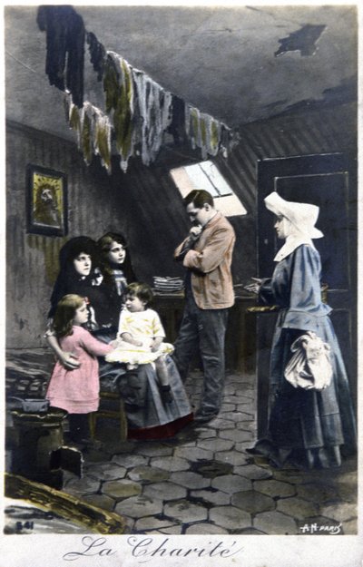 The Charity: Nun Visiting Poor People, c. 1910 (Postcard) by Unbekannter Künstler