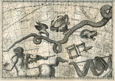 The constellation of Hydra, with a Crow that tingled it and a Cup of Balancing, originated from the myth of Apollo who had sent a crow with a cup full of water to make a sacrifice to Jupiter. Below the Hydra, the French astronomer Lalande (1732-1807) by Unbekannter Künstler