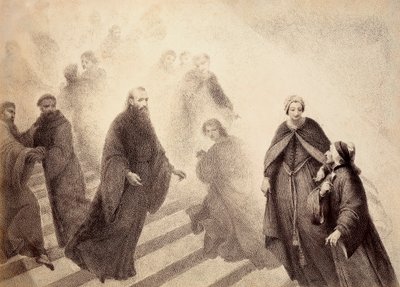 The contemplative spirit of Peter Damian descends from a golden ladder, moving towards Dante. Illustration of Canto XVI in Paradiso of The Divine Comedy by Dante Alighieri. Work of Francesco Scaramuzza dedicated to the Municipality of Florence by Unbekannter Künstler