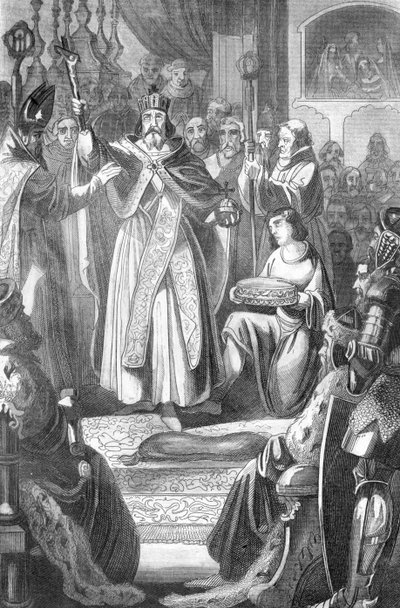 The coronation of Rodolph I of Habsburg, King of the Romans on 24 October 1273 in the Cathedral of Aachen (Engraving from 