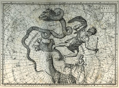 The nearby constellations of the North Pole: Little Bear, Dragon, Cephee, Giraffe, Reindeer and Messier. Engraving from Camille Flammarion