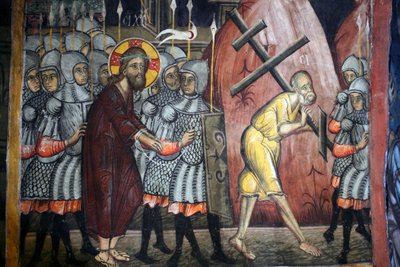 The Passion of Christ: Simon Carrying the Cross, Byzantine Fresco from Agios Ioannis Lampadistis Monastery, Saint John Lampadistis, 11th Century, Cyprus, Painted Churches UNESCO Site, Troodos, Cyprus by Unbekannt