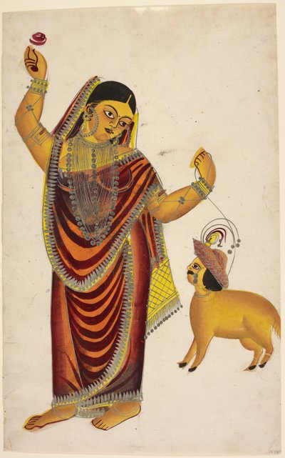 The sheep lover: a courtesan holding a rose in her right hand and leading a sheep with a human head, c.1865 by Unbekannter Künstler