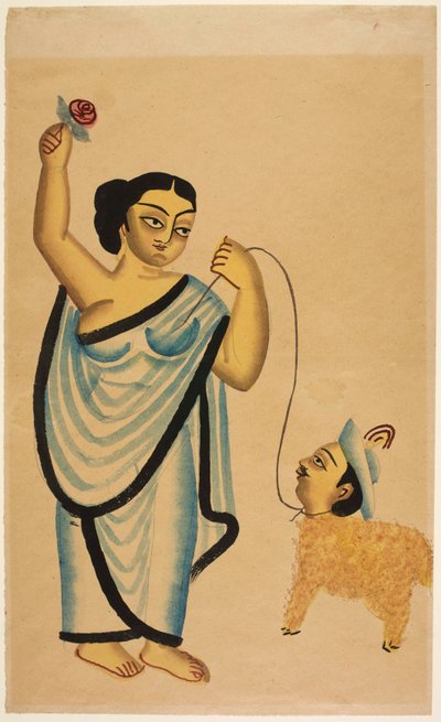 The sheep lover: a courtesan holding a rose in her right hand and leading a sheep with a human head, c.1865 by Unbekannter Künstler