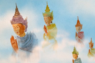 Thien Lam buddhist temple, Wall painting Worshipers. Hue, Vietnam, 2019 by Unbekannt