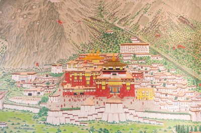 Tibetan Buddhism; main monastery of the Karma Kagyu lineage; Tsurphu in Tibet; mural at the entrance to the Rumtek Monastery near Gangtok; Sikkim; Himalayas; India; South Asia; Asia by Unbekannt
