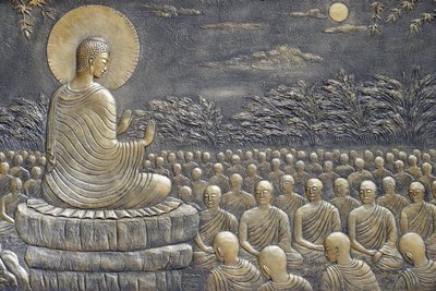 Tinh Xa Ngoc Chau Buddhist temple, The Life of the Buddha, Siddhartha Gautama, Buddha with disciples, teaching, The Buddha exhorted His first sixty Arahant disciples to go forth in different directions to preach the Doctrine, Chau Doc, Vietnam, 2018 by Unbekannt