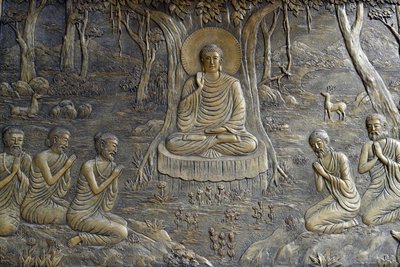 The Buddha Preached His First Sermon to the Five Monks at the Deer Park in Varanasi by Unbekannt