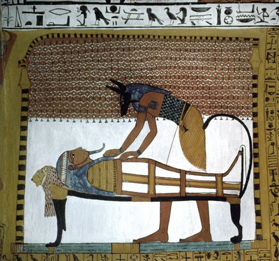 Tombs of craftsmen. Sennedjem mummy embalmed by God Anubis, Deir El Medineh site in Luxor, Egypt. Beginning of the 19th dynasty by Leopold Blonder