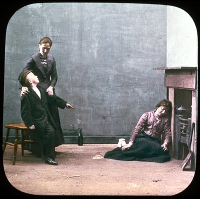 Two Women and Boy in Front of Fireplace, c. 1895 by Unbekannt