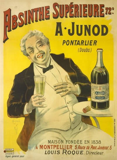 A Man Sitting at a Bistro Terrace Bursting into Laughter while Drinking a Glass of Absinthe by Unbekannt