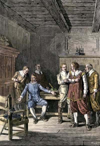 Dispute Between John Winthrop and Thomas Dudley in the Massachusetts Bay Colony, Colour Engraving of the 19th Century by Unbekannter Künstler