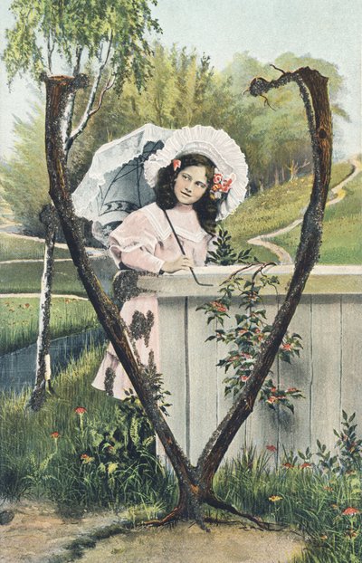 V: A Young Girl in a Pink Dress, a Bonnet on Her Head, Holding a Parasol, Standing in a Countryside Setting - Alphabet Characters Ref Th. E., L. Theochrom - Series 994. Theodor Eisman, publisher, Leipzig by Unbekannt