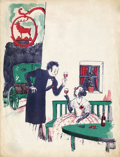 Viennese romance-early 19th century couple drinking red wine, raising a toast in the 
