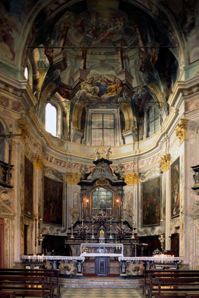 View of altar and frescoes by Lorenzo Peracino, Sanctuary of Madonna del Sasso, Piedmont, Italy by Benjamin Baud