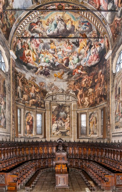 View of the apse with frescoes by Camillo Procaccini and wooden choir by Cristoforo e Giuseppe De Venetiis, Basilica of San Prospero, Reggio Emilia, Emilia Romagna, Italy by Unbekannter Künstler