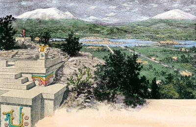 View of the City of Tenochtitlan, as it was on the Island Located on Lake Texoco, When it was the Capital of the Aztec Empire, Before 1521 - Colorized Engraving by Unbekannter Künstler