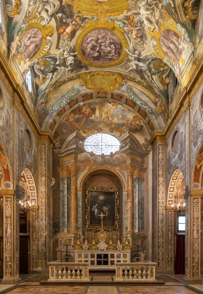 View of the interior with frescoes and the main altar, Church of Nunziatina, Todi, Umbria, Italy by Unbekannter Künstler