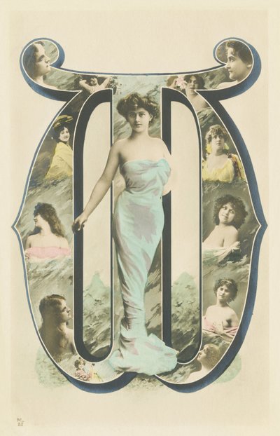 W: photo-portrait of woman standing in a blue drape by Unbekannt