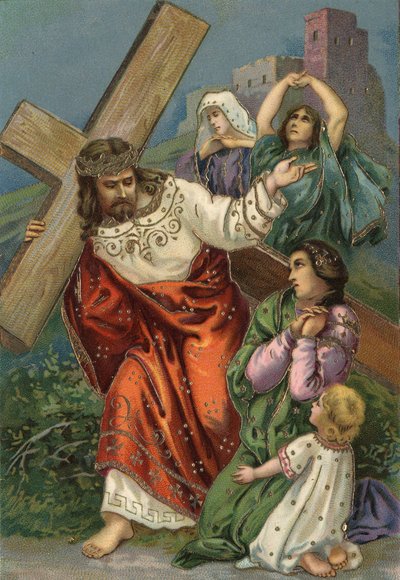 Way of the Cross - via crucis - Stations of the Cross: eighth station, Jesus meets the women of Jerusalem Chromolithography Private collection by Unbekannt