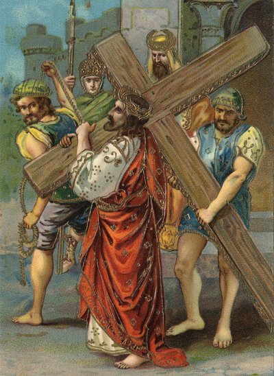 Way of the Cross - via crucis - Stations of the Cross: second station, Jesus carries his cross Chromolithography Private collection by William M. Timlin