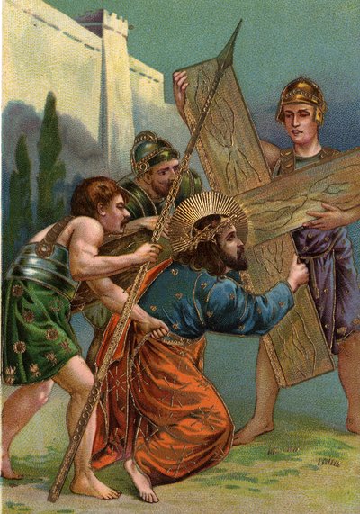 Way of the Cross - via crucis - Stations of the Cross: third station, Jesus falls for the first time under the weight of his cross Chromolithography Private collection by William M. Timlin