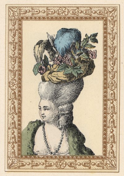 Woman in combed up hairstyle with cap decorated with grapes and feathers called Racy Cap in an English Park by Unbekannter Künstler