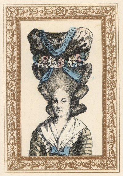 Woman in the Gabrielle Vergy bonnet, tied with ribbons and garlands of flowers by Unbekannter Künstler