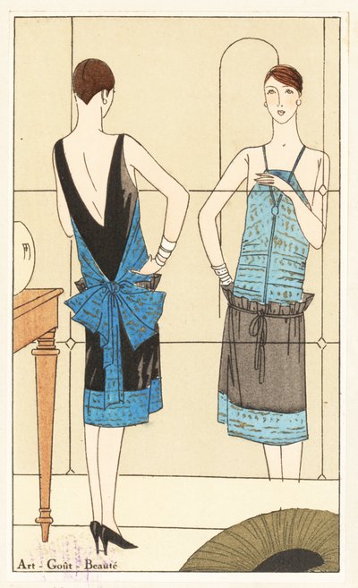 Woman standing in front of mirror admiring her evening dress in blue and gold lame and black velvet - Lithograph with stencil handcolour from the luxury French fashion magazine “Art, Gout, Beaute,” 1926 by Unbekannter Künstler