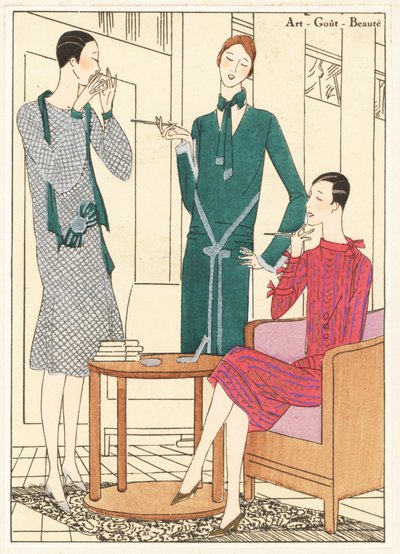 Women smoking in a chic interior in a dinner dress, gold blade and green velvet, afternoon dress in green wool, and afternoon dress in gold and red blade dress by Unbekannter Künstler