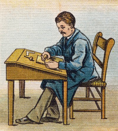 Xylographer in His Studio. Engraving in 