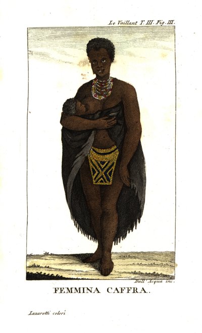 Young San Woman Nursing Child, South Africa. She wears a cape, necklaces and beaded skirt. From Francois Le Vaillant by Unbekannter Künstler