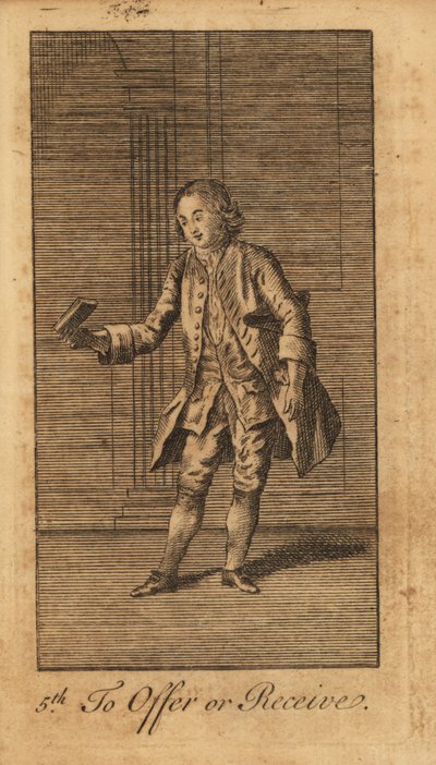 Young gentleman graciously offering/receiving a book in a panelled room by Unbekannt
