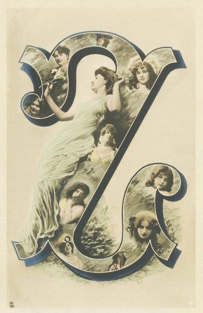 Z: Photo-Portrait of Woman in a Long Blue Drapery, Several Busts of Women in the Letter - Alphabet Portraits of Women. A. L. Editor by Unbekannt