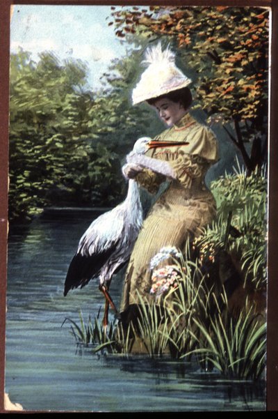 Stork Bringing a Baby to a Woman, French Postcard, Early 20th Century by Unbekannter Künstler