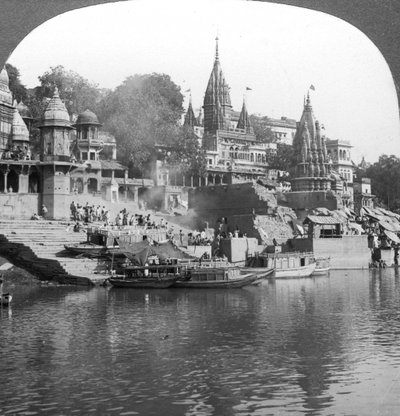 A Burning Ghat on the Ganges at Benares (Varanasi), India, 1900s by Underwood and Underwood