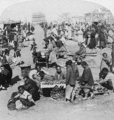 A Market in the Tartar Northern City, Looking Toward Drum Tower, Peking Beijing, China by Underwood and Underwood