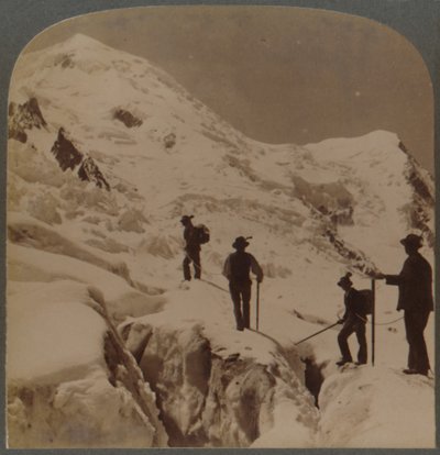 Ascent of Mt. Blanc - Crossing Bossons Glacier - Grands Mulets in Distance, Alps by Underwood and Underwood