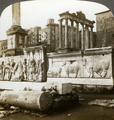 Bas Reliefs of Trajan and Column of Phocas in the Forum, Rome, Italy by Underwood and Underwood