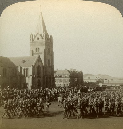 British soldiers reviewed by Lord Roberts, Public Square, Pretoria, South Africa, Boer War, 1900 by Underwood and Underwood
