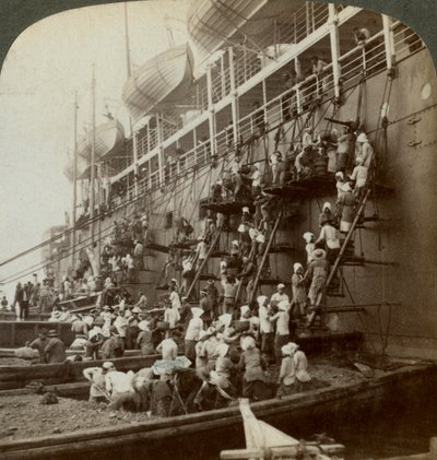 Coaling the Pacific Mail SS Siberia, at the Fortified Naval Station of Nagasaki, Japan by Underwood and Underwood