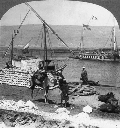 Dahabiyehs on the river ready for a Nile voyage, Egypt, 1905 by Underwood and Underwood