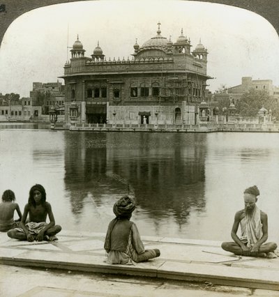 Fakirs at Amritsar, looking south across the Sacred Tank to the Golden Temple, India, c1900s by Underwood and Underwood