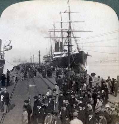 Greetings for Newcomers on the Pier Alongside the Pacific Mail SS China, at Yokohama, Japan, 1904 by Underwood and Underwood